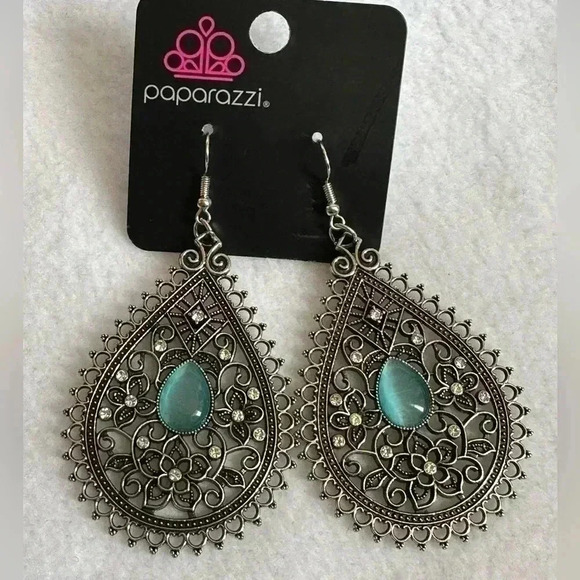 Blue Cat Eye Earrings - Picture 2 of 4